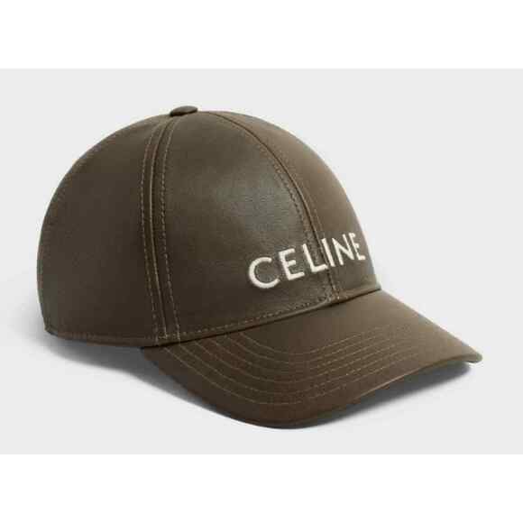 Celine Paris Dark Khaki Green Lamb Leather White Logo Baseball Cap Hat M Medium main image 7